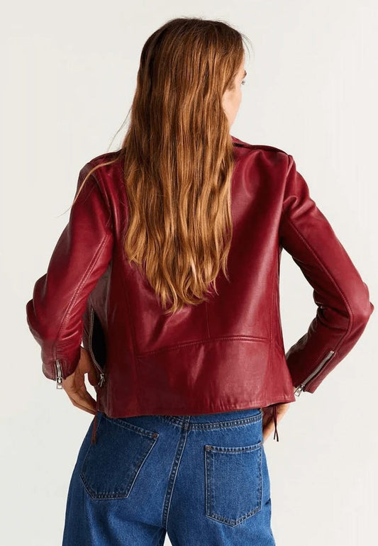 Bold Women's Red Sheepskin Leather Biker Jacket