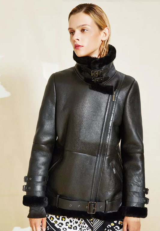 Women's Stylish Black Leather Shearling Long Coat