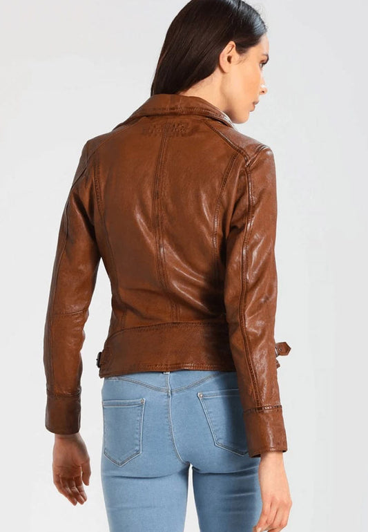 Women's Classic Brown Leather Biker Jacket