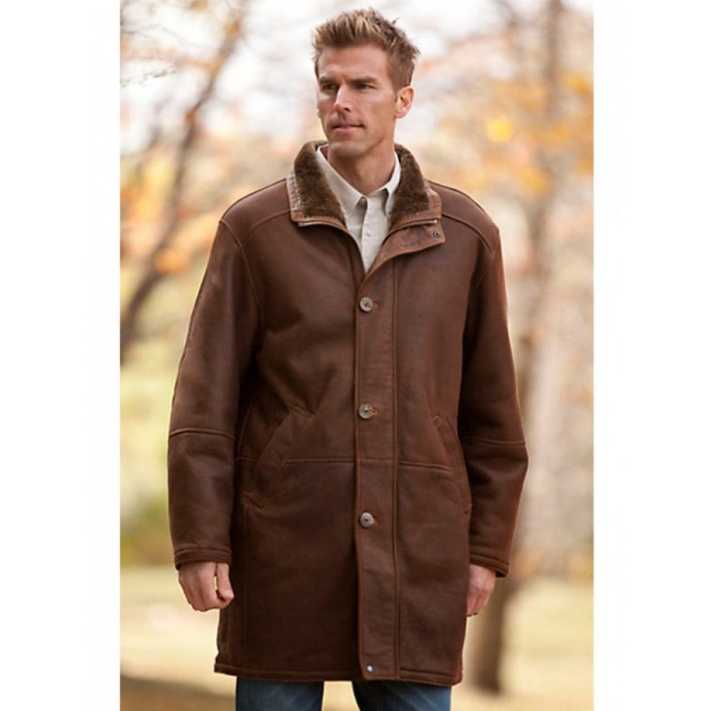 Refined Gentlemen's Brown Sheepskin Leather Coat